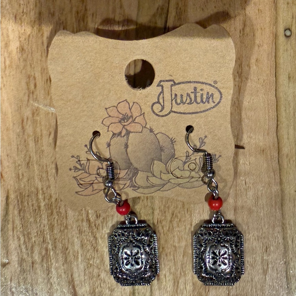 Justin Boots Silver tone Earrings with Red Beads